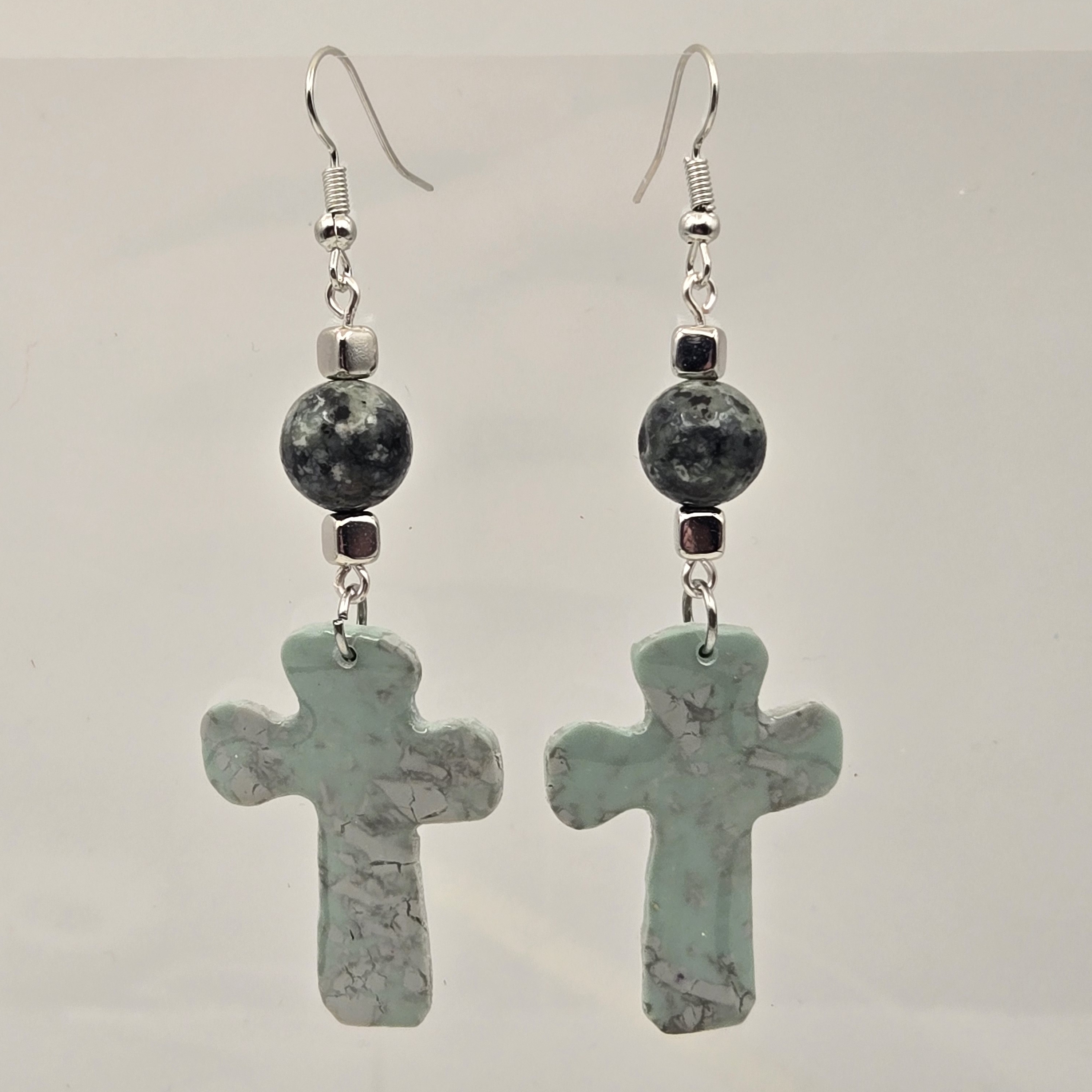 #B103- Elegant Silver And Turquoise Cross Earrings With African Turquoise Jasper